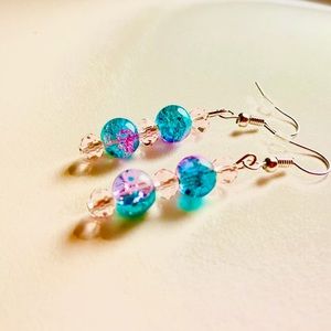 Blue and Pink Glass Beaded Silver Earrings